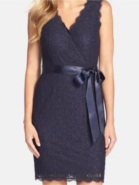 Adrianna Papell Navy Lace Sleeveless Faux Wrap Dress